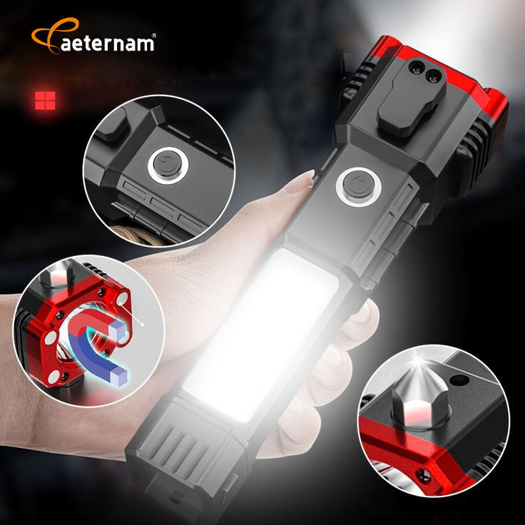 Zoomable LED Emergency Torch with Power Bank – Car Safety Hammer, Lantern Light & Rechargeable Flashlight