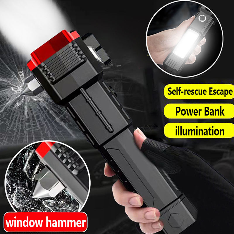 Zoomable LED Emergency Torch with Power Bank – Car Safety Hammer, Lantern Light & Rechargeable Flashlight
